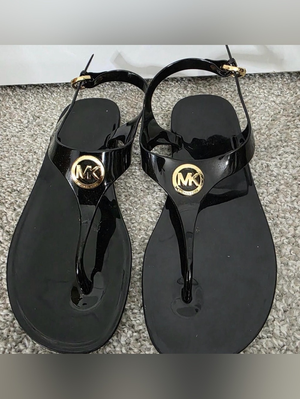 Michael Kors Black Patent Jelly Thong Sandals with Gold MK Medallions
